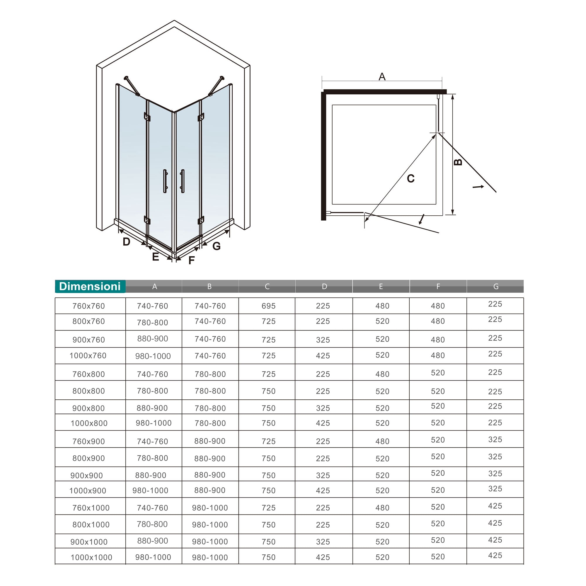 76x76x195 cm Box Doccia Ad Angolo Doppie Porte Apertura Battente in Vetro 6 mm Temperato Anticalcare Trasparente con 2 Barre Stabilizzatrici Cromo Lucido