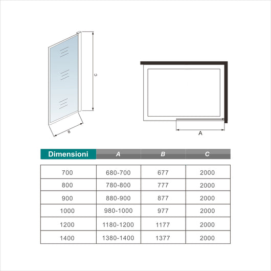 120x200cm Walk In Parete Per Doccia in Vetro Temperato 8mm Anticalcare con Bordo Nero Serigrafato Barra Stabilizzatrice da 140 cm