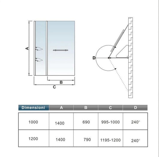 120x140 cm Parete Doccia Per Vasca Girevole 240° Vetro Temperato 6 mm Trasparente Inclusi Due Ripiani Maniglia Portasciugamani Telaio Cromo Lucido