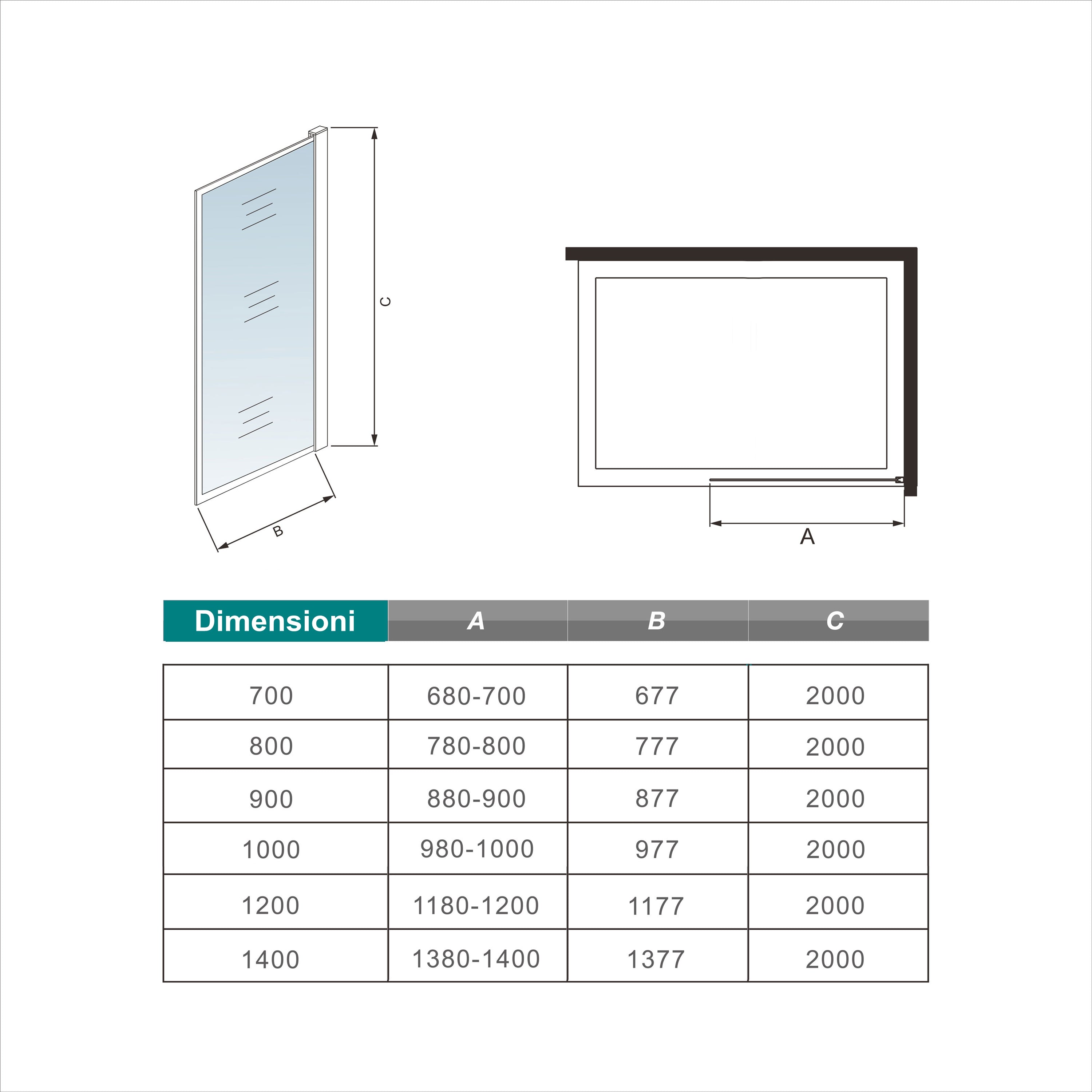 70x200cm Walk In Parete Per Doccia in Vetro Temperato 8mm Anticalcare con Bordo Nero Serigrafato Barra Stabilizzatrice da 90 cm