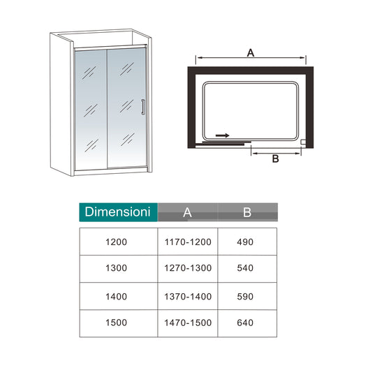 120x195 cm Box Doccia Per Nicchia Porta Scorrevole in Vetro 8 mm Temperato Trasparente Anticalcare Profilo Nero Opaco Softclose