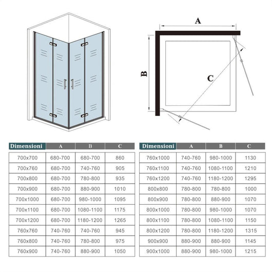 190 cm Box Doccia Angolare Doppia Porta Battente Pieghevole 76x110 cm in Vetro Temperato Trasparente 5 mm Anticalcare Telaio Nero Opaco