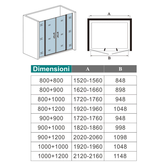 Box Doccia per Nicchia H.195 cm Doppia Porta Battente Saloon da 205 cm (90+120: 2020-2060 mm) 2 Pannelli Fissi con Barra Stabilizzatrice Vetro Temperato 6 mm Anticalcare