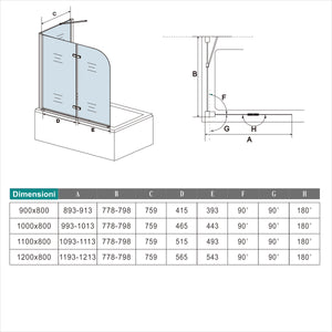 90x140cm Parete Doccia Sopravasca Angolare 2 Ante Pieghevoli con Parete Laterale 65 cm Vetro Temperato 6 mm Trasparente Anticalcare Cromato Lucido