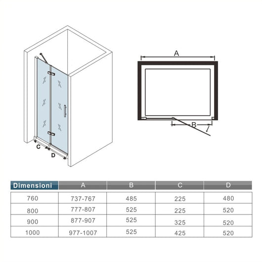 195 cm Porta Doccia per Nicchia Apertura Battente con Barra Stabilizzatrice Vetro 6 mm Temperato Trasparente Anticalcare Larga 90 cm