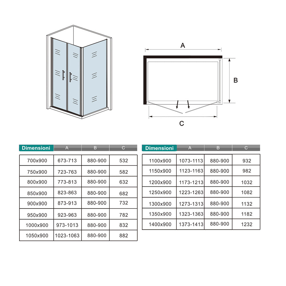 185 cm Box Doccia Angolare Porta Battente Saloon 100 cm Parete Fissa 90 cm Vetro da 6 mm Temperato Anticalcare Barra Stabilizzatrice 45 cm Cromo Lucido