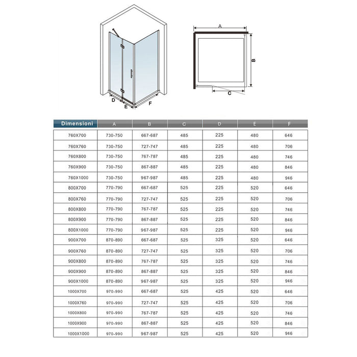 195cm Box Doccia Angolare Porta Battente con Parete Fissa 90x70cm Vetro 6 mm Temperato Anticalcare Trasparente con 2 Barre Stabilizzatrici da 30cm e 140cm