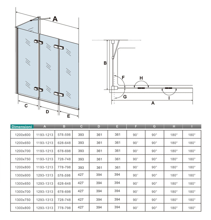 H.140 cm Parete Doccia Per Vasca con Lato Fisso 130x80 cm 3 Ante Movibili Pieghevoli a Libro in Vetro Temperato 6 mm Trasparente Anticalcare Telaio Cromo Lucido