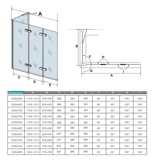 H.140 cm Parete Doccia Per Vasca con Lato Fisso 130x65 cm 3 Ante Movibili Pieghevoli a Libro in Vetro Temperato 6 mm Trasparente Anticalcare Telaio Cromo Lucido