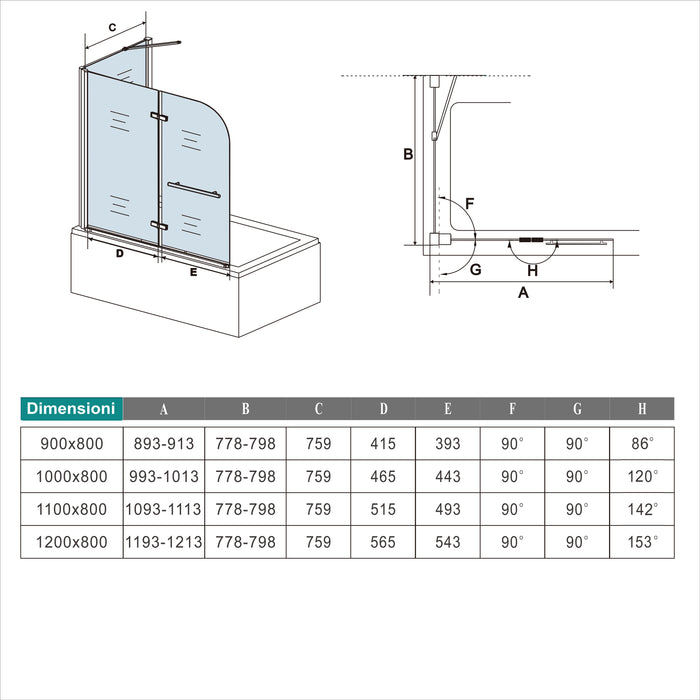 90x140cm Parete Doccia Sopravasca Angolare 2 Ante Pieghevoli con Parete Laterale 80 cm Vetro Temperato 6 mm Anticalcare Portasciugamani Cromato Lucido
