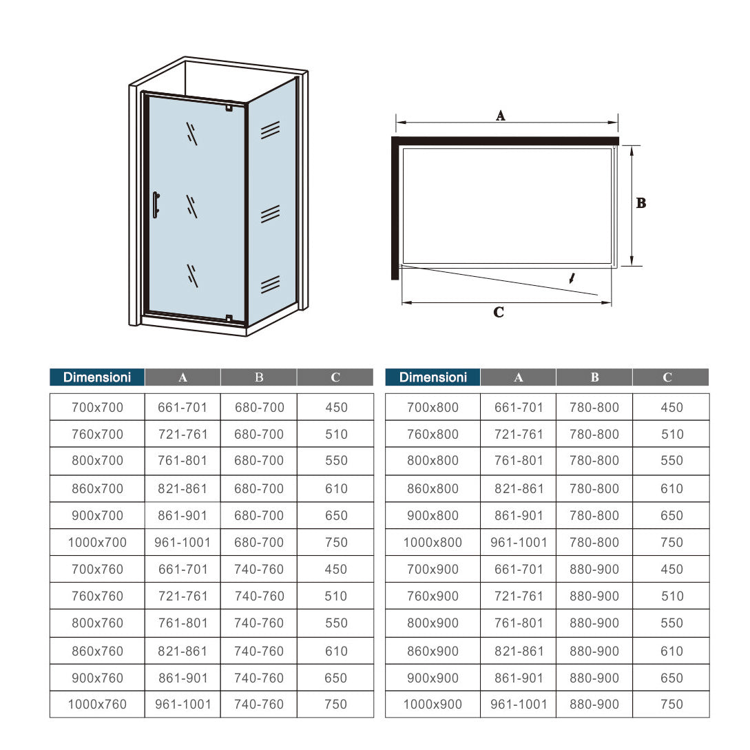 185cm Box Doccia Angolare Porta Girevole Battente con Parete Fissa 76x70cm in Vetro Temperato Trasparente 5 mm Profilo Cromo Lucido