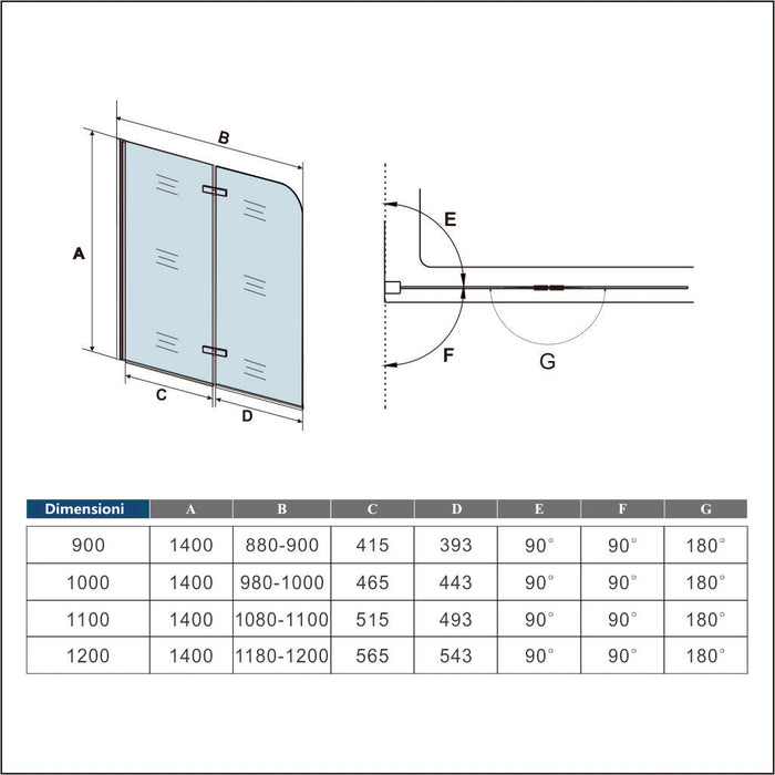 Sopravasca da Bagno Parete Vasca Doccia 100x140 cm Due Ante Movibili Vetro Temperato Trasparente 6 mm Anticalcare Telaio Nero Opaco