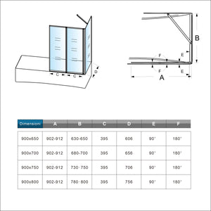 Parete Vasca Doccia 90x75cm Sopravasca Angolare 2 Ante Pieghevoli Vetro Temperato Trasparente da 4 mm con Parete Laterale da 6 mm H.140cm Telai Neri Opachi