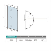 80x140cm Parete Vasca Doccia Sopravasca Singolo Pannello Stondato/Curvo Girevole in Vetro Temperato 5 mm Trasparente Telaio Nero Opaco