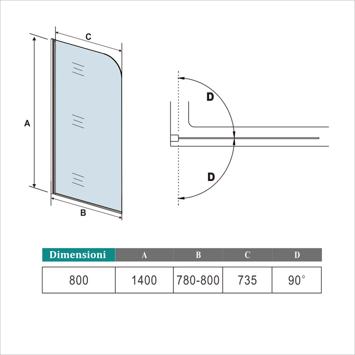 80x140cm Parete Vasca Doccia Sopravasca Singolo Pannello Stondato/Curvo Girevole in Vetro Temperato 5 mm Trasparente Telaio Nero Opaco