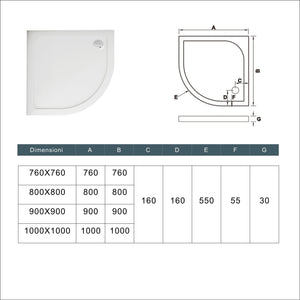 Piatto Doccia Semicircolare 80x80cm Bianco Spessore di 3 cm in Pietra Artificiale e Resina Minerale Mista Piletta Extra Piatta Sottile e Tubo inclusi