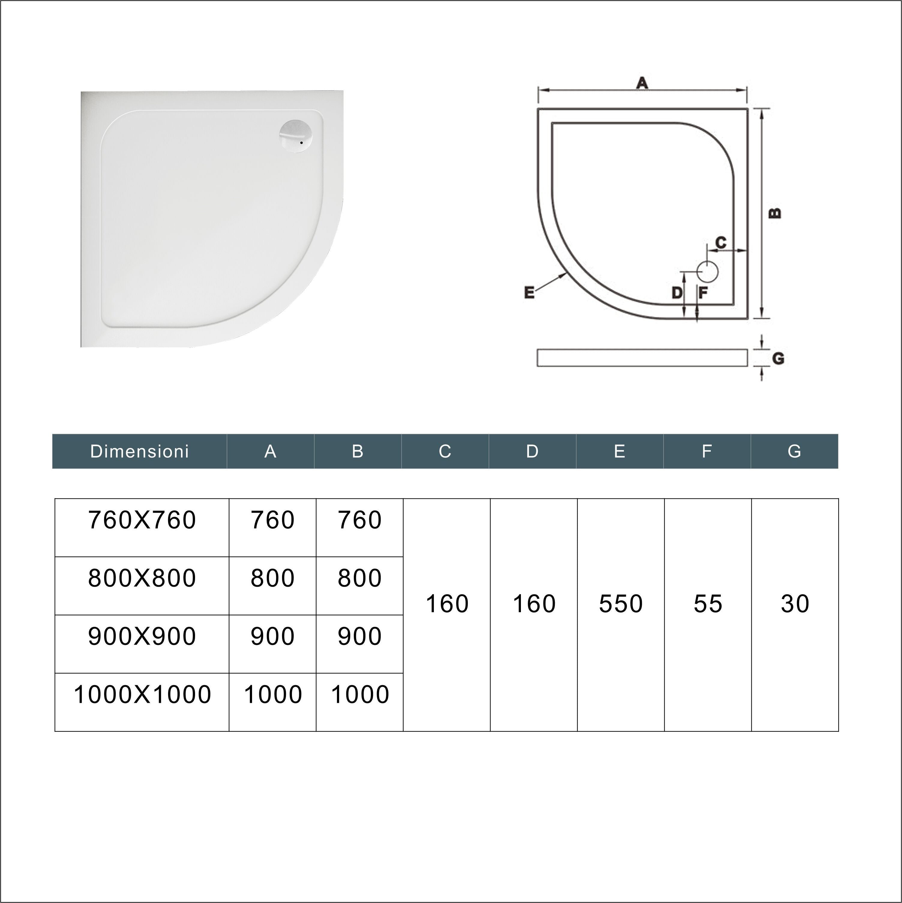 Piatto Doccia Semicircolare 80x80cm Bianco Spessore di 3 cm in Pietra Artificiale e Resina Minerale Mista Piletta Extra Piatta Sottile e Tubo inclusi