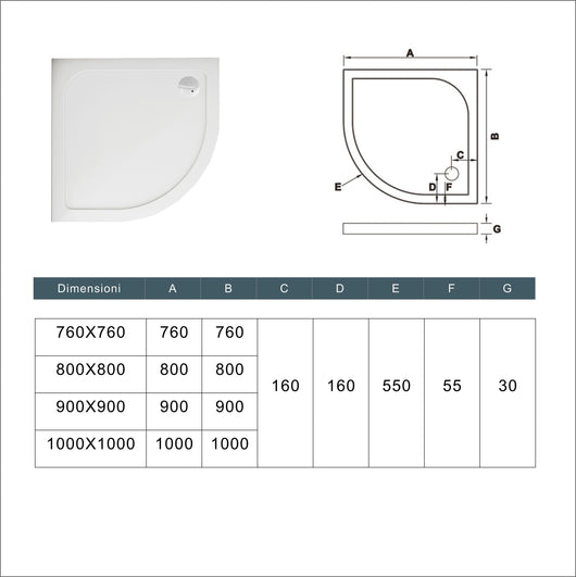 Piatto Doccia Semicircolare 80x80cm Bianco Spessore di 3 cm in Pietra Artificiale e Resina Minerale Mista Piletta Extra Piatta Sottile e Tubo inclusi