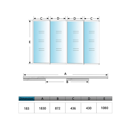 Vetrata Scorrevole Interna 183x108 cm in Vetro Temperato 4 Lastre Corniciate Profilo Nero Opaco Divisorio da Casa