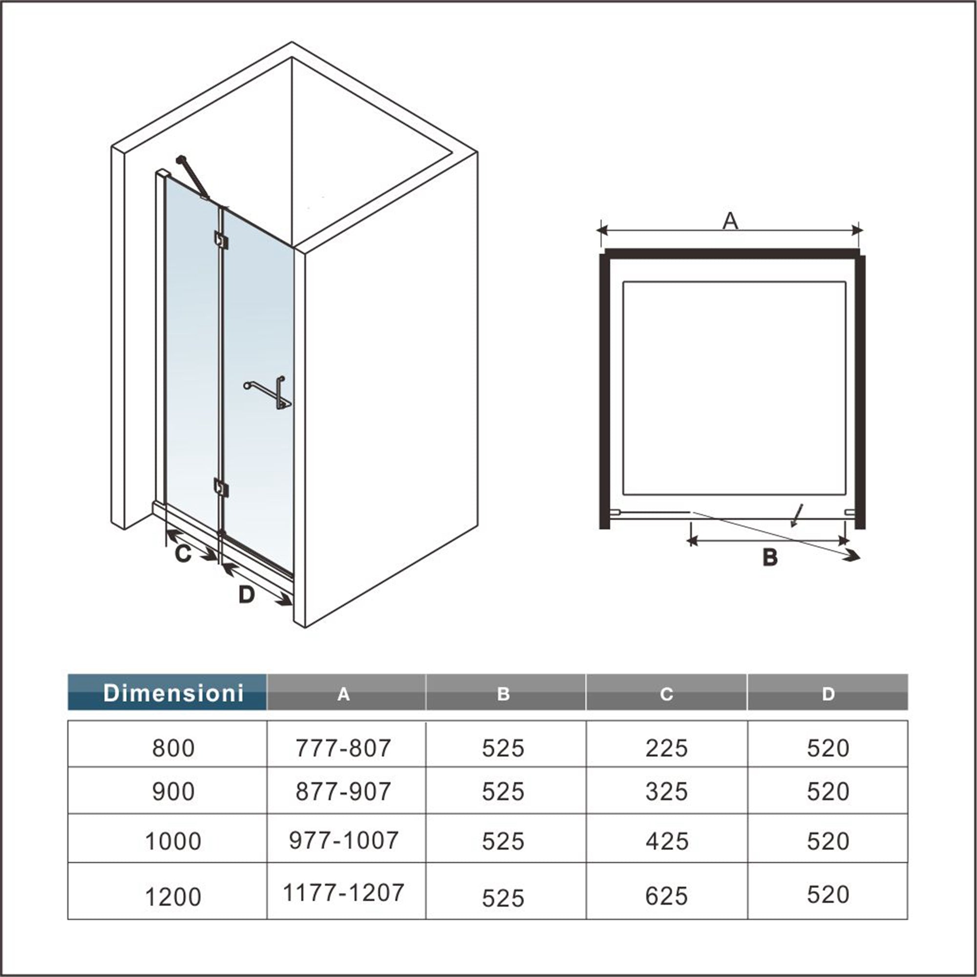 120x190 cm Porta Doccia Per Nicchia Apertura Battente in Vetro 8 mm Temperato Trasparente Anticalcare e Maniglione Porta Asciugamani Barra Stabilizzatrice