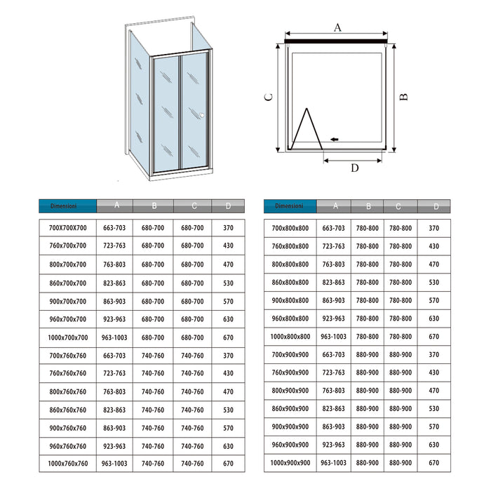 185cm Box Doccia a Tre Lati Porta a Soffietto 90cm con Doppia Parete Fissa 80x80cm in Vetro Temperato Satinato Opaco 5 mm Profilo Cromato Lucido