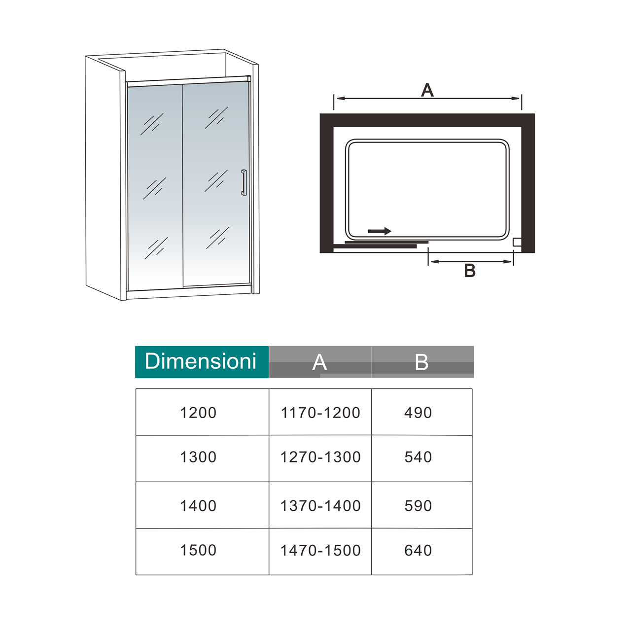 130x195 cm Box Doccia Per Nicchia Porta Scorrevole in Vetro 8 mm Temperato Trasparente Anticalcare Profilo Nero Opaco Softclose