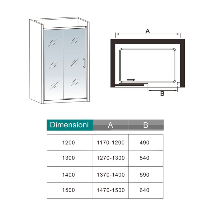 130x195 cm Box Doccia Per Nicchia Porta Scorrevole in Vetro 8 mm Temperato Trasparente Anticalcare Profilo Nero Opaco Softclose