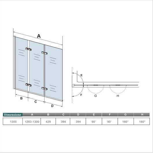 Parete Doccia Per Vasca da Bagno 130x140 cm 3 Ante Movibili Pieghevoli a Libro in Vetro Temperato 6 mm Trasparente Anticalcare Telaio Cromo Lucido