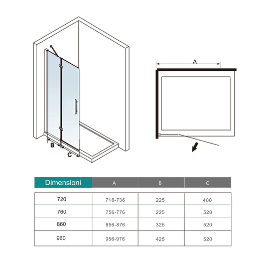 WALK IN Parete Doccia Paretina Fissa + Paretina Movibile 86x195 cm in Vetro 6 mm Trasparente Temperato Anticalcare Barra Stabilizzatrice e Telaio Cromato Lucido