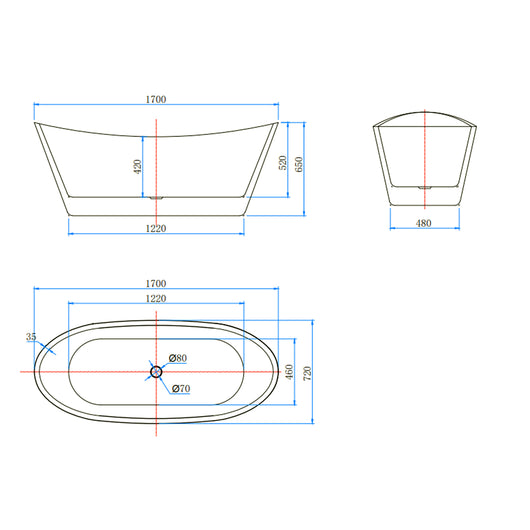 Vasca da Bagno a Isola 170x72x65 cm Vasca da Bagno Freestanding in Acrilico Bianco Barca Ovale