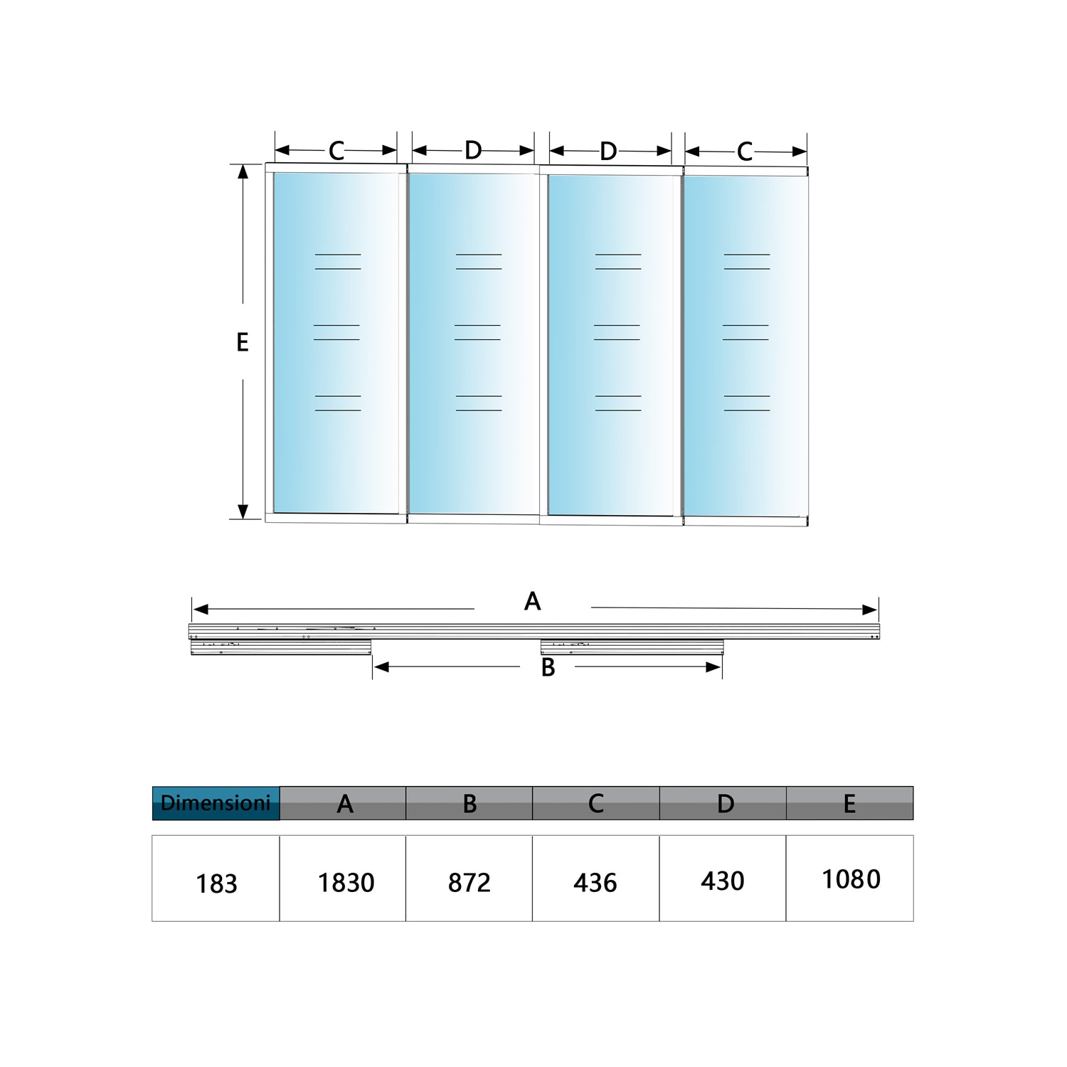 Vetrata Scorrevole Interna 183x108 cm in Vetro Temperato 4 Lastre Corniciate Profilo Nero Opaco Divisorio da Casa