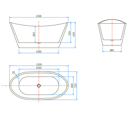 Vasca da Bagno a Isola 150x72x65 cm Vasca da Bagno Freestanding in Acrilico Bianco Barca Ovale