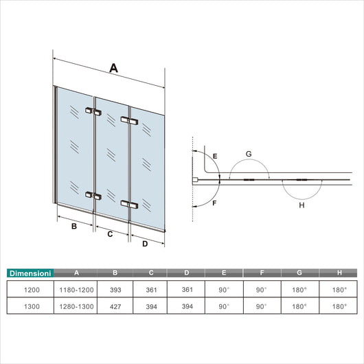 Parete Doccia Per Vasca da Bagno 130x140 cm 3 Ante Movibili Pieghevoli a Libro in Vetro Temperato 6 mm Trasparente Anticalcare Telaio Cromo Lucido
