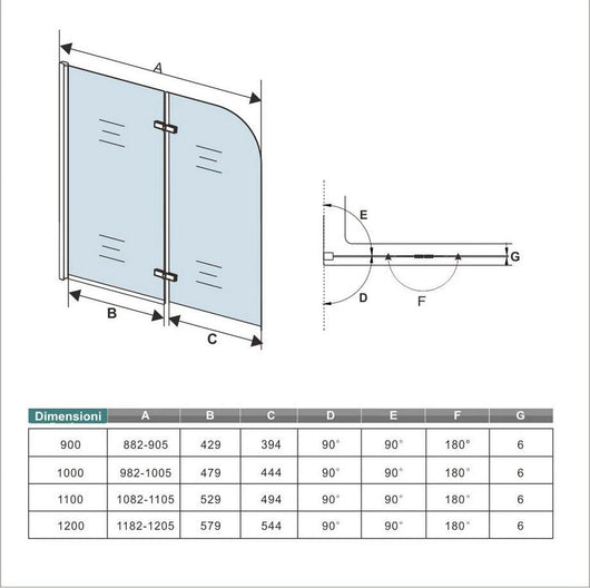H.140 cm Sopravasca da Bagno da 90 cm Doccia Due Ante Pieghevoli a Libro Vetro Temperato 6 mm Anticalcare Telaio Cromato Lucido