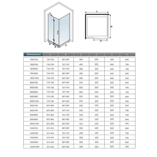 100x80x195 cm Box Doccia Angolare Porta Battente Più Parete Fissa Vetro 6 mm Temperato Anticalcare Trasparente Telaio Cromo Lucido