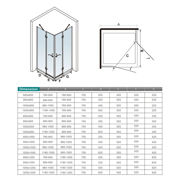 100x90x190 cm Box Doccia Angolare Porte Battenti in Vetro 8 mm Temperato Trasparente Anticalcare Ante con Barre Stabilizzatrici
