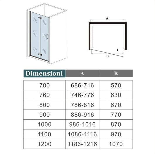 76x190 cm Porta Doccia per Nicchia Apertura Battente Pieghevole in Vetro Temperato Trasparente 5 mm Anticalcare Telaio Nero Opaco