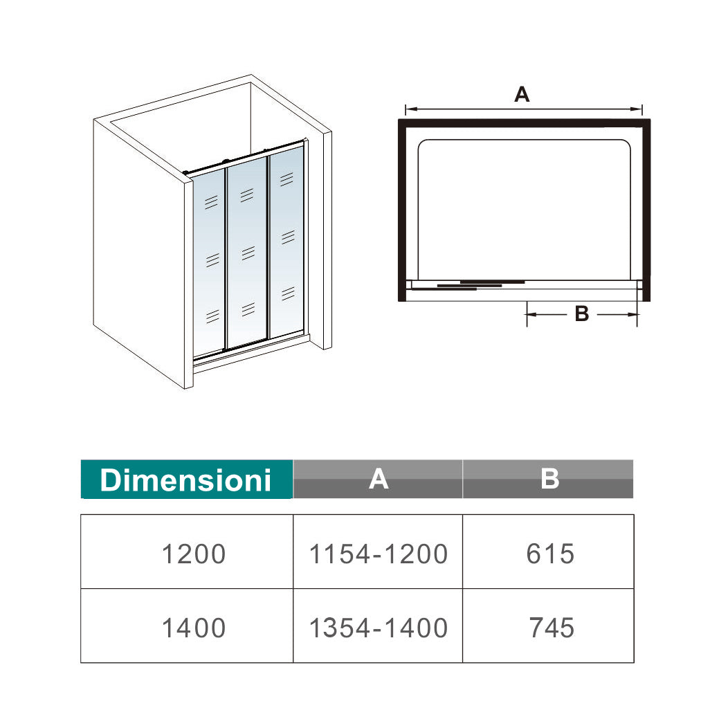 195 cm Box Doccia per Nicchia Porta Scorrevole ad Ante Sovrapposte Vetro Temperato 6 mm Trasparente Anticalcare Profili Cromati Lucidi 140 cm