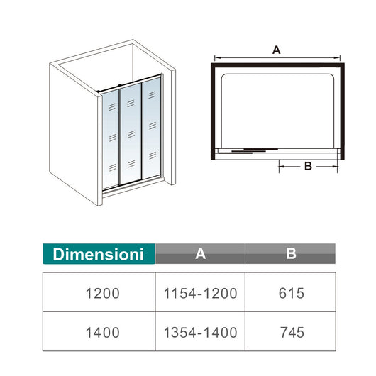 195 cm Box Doccia per Nicchia Porta Scorrevole ad Ante Sovrapposte Vetro Temperato 6 mm Trasparente Anticalcare Profili Cromati Lucidi 140 cm