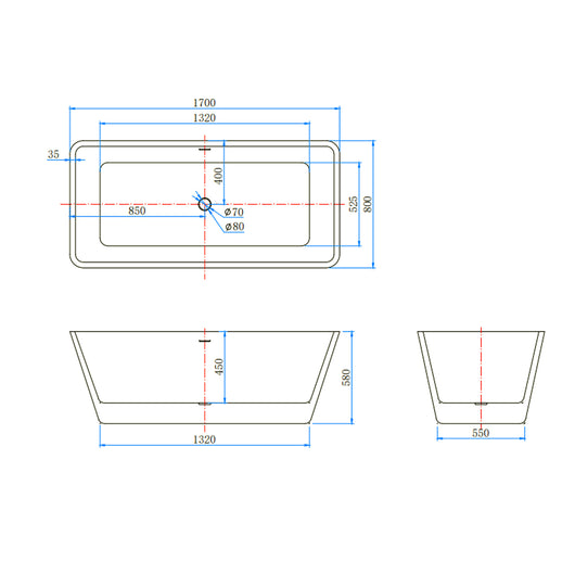 Vasca da Bagno a Isola 170x80x58 cm Vasca da Bagno Freestanding in Acrilico Bianco Rettangolare