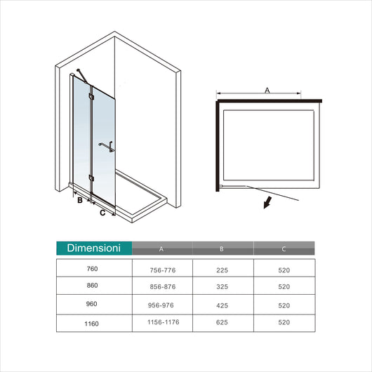 WALK IN Parete Doccia Paretina Fissa + Porta Movibile 76x190 cm in Vetro 8 mm Trasparente Temperato Anticalcare con Barra Stabilizzatrice Telaio Cromato Lucido