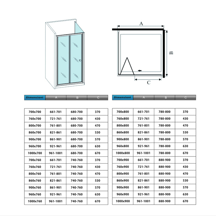 185cm Box Doccia Angolare Porta a Soffietto con Parete Fissa 90x70cm in Vetro Temperato Satinato Opaco 5 mm Profilo Cromato Lucido