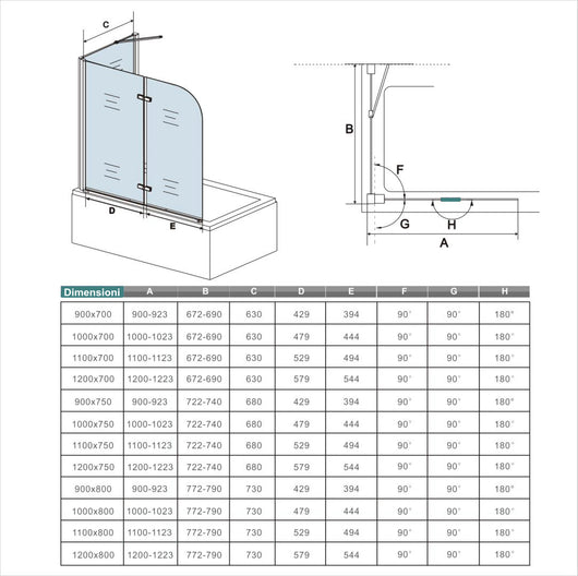 H.140 cm Sopravasca da Bagno Doccia con Parete Fissa 90x75 cm Due Ante Pieghevoli a Libro Vetro Temperato Trasparente 6 mm Anticalcare Cromo Lucido