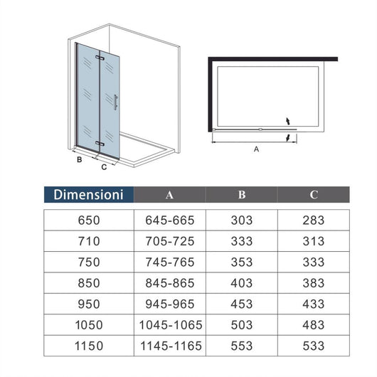 Walk in Parete Doccia Movibile 2 Pannelli Pieghevoli a Libro 115x190 cm in Vetro 5 mm Trasparente Temperato Anticalcare Telaio Nero Opaco