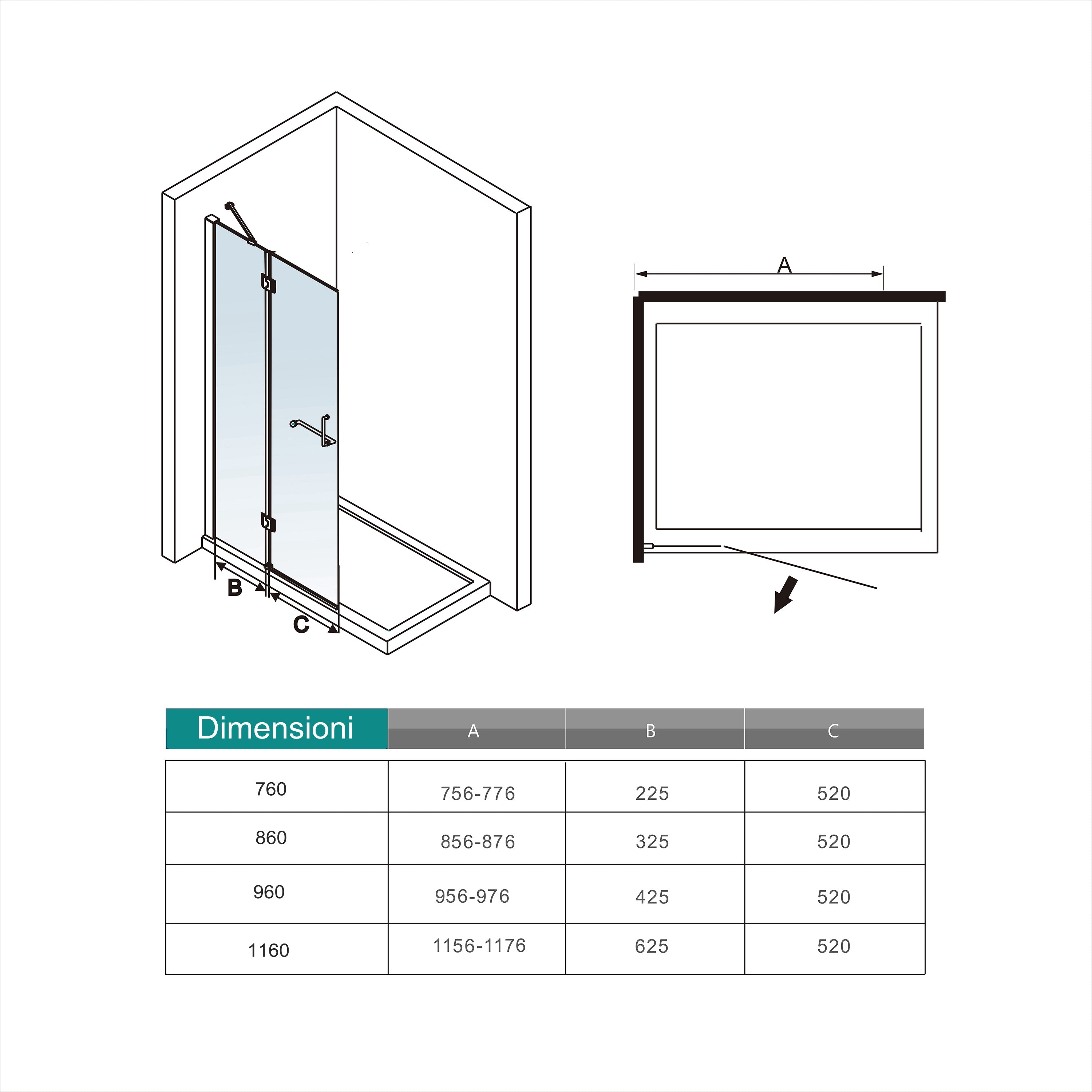 WALK IN Parete Doccia Paretina Fissa + Porta Movibile 116x190 cm in Vetro 8 mm Trasparente Temperato Anticalcare con Barra Stabilizzatrice Telaio Cromato Lucido