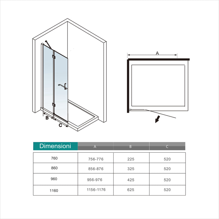 WALK IN Parete Doccia Paretina Fissa + Porta Movibile 116x190 cm in Vetro 8 mm Trasparente Temperato Anticalcare con Barra Stabilizzatrice Telaio Cromato Lucido