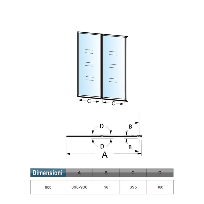Sopravasca 90x140 cm Parete Doccia per Vasca 2 Antine Pieghevoli a Libro Vetro Temperato Trasparente Da 4 mm Profilo Nero Opaco