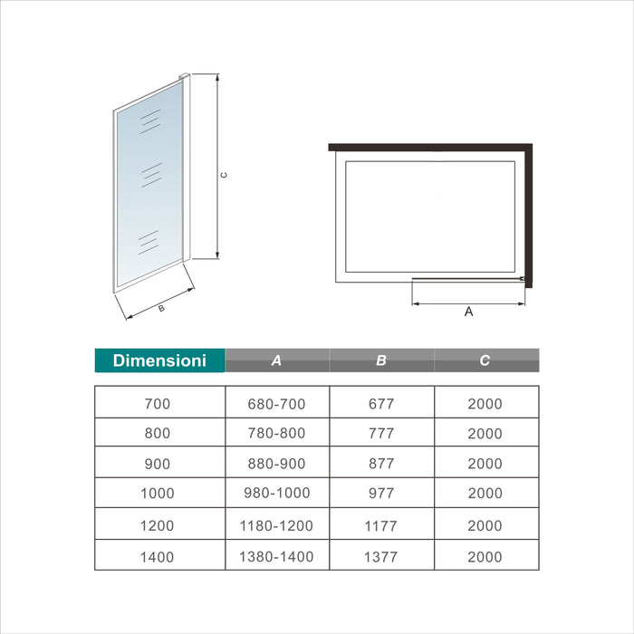 90x200cm Walk In Parete Per Doccia in Vetro Temperato 8mm Anticalcare con Bordo Nero Serigrafato Barra Stabilizzatrice da 140 cm