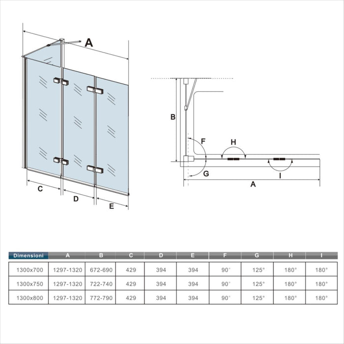 130x140cm Parete Doccia Sopravasca Angolare 3 Ante Pieghevoli con Parete Laterale 70 cm Vetro Temperato 6mm Trasparente Anticalcare Cromato Lucido