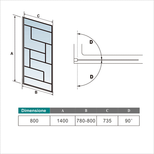 80x140cm Parete Vasca Doccia Sopravasca Singolo Pannello Girevole in Vetro Temperato 6 mm Trasparente con Riquadri Neri